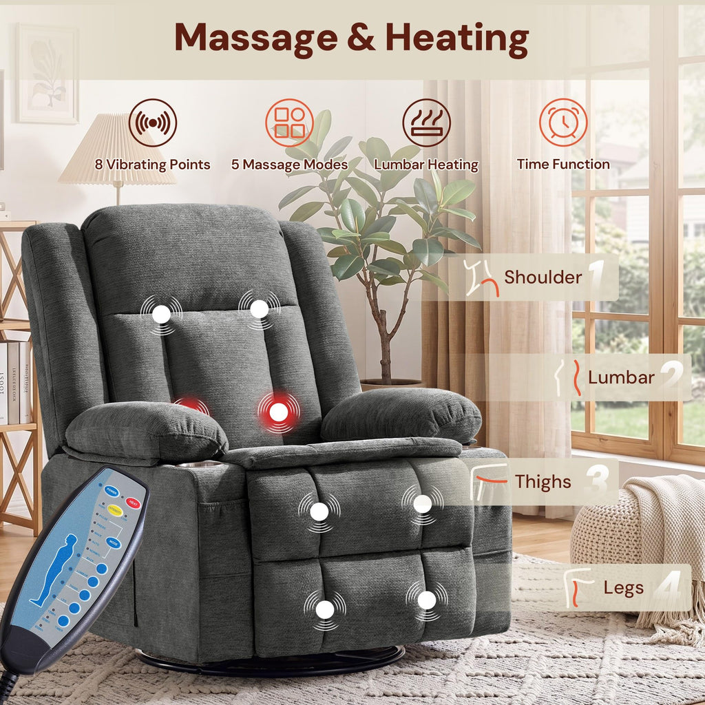 Grey Chenille Swivel Rocker Recliner with Massage and Heat H524