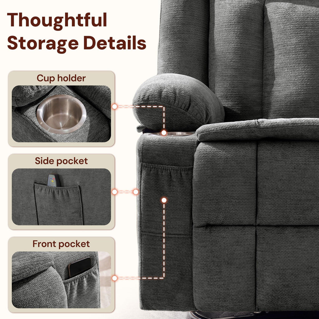 Grey Chenille Swivel Rocker Recliner with Massage and Heat H524