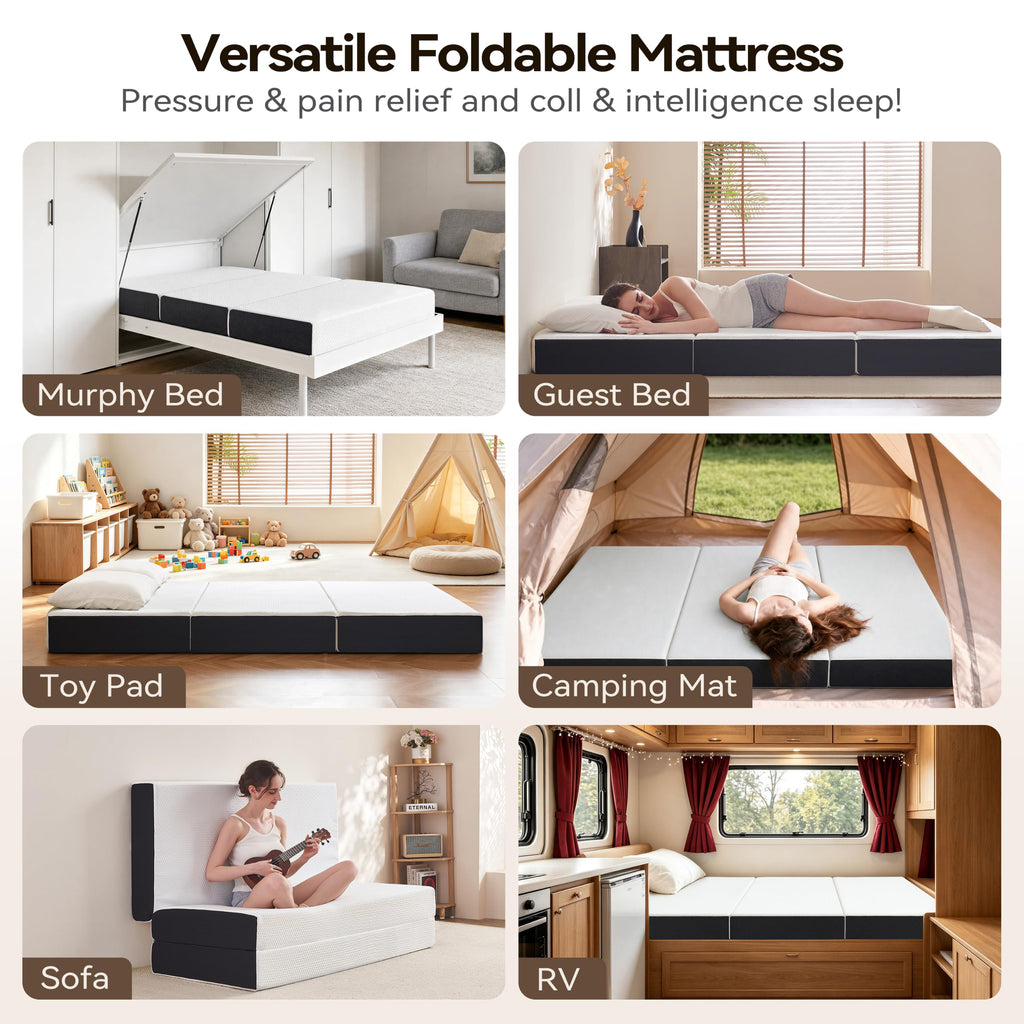6 Inch Tri Fold Memory Foam Queen Mattress with Washable Cover Q74616
