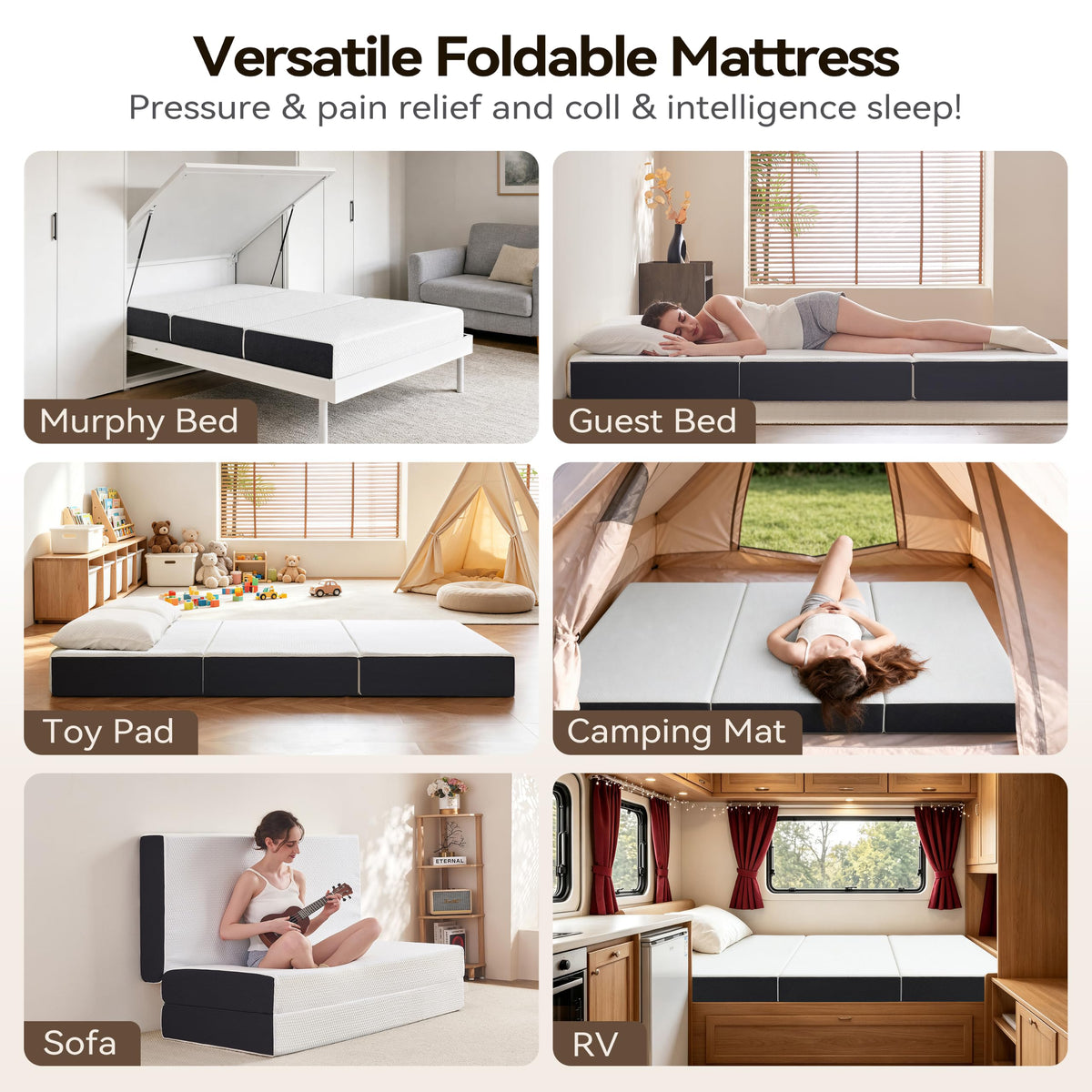 6 Inch Tri Fold Memory Foam Queen Mattress with Washable Cover Q74616