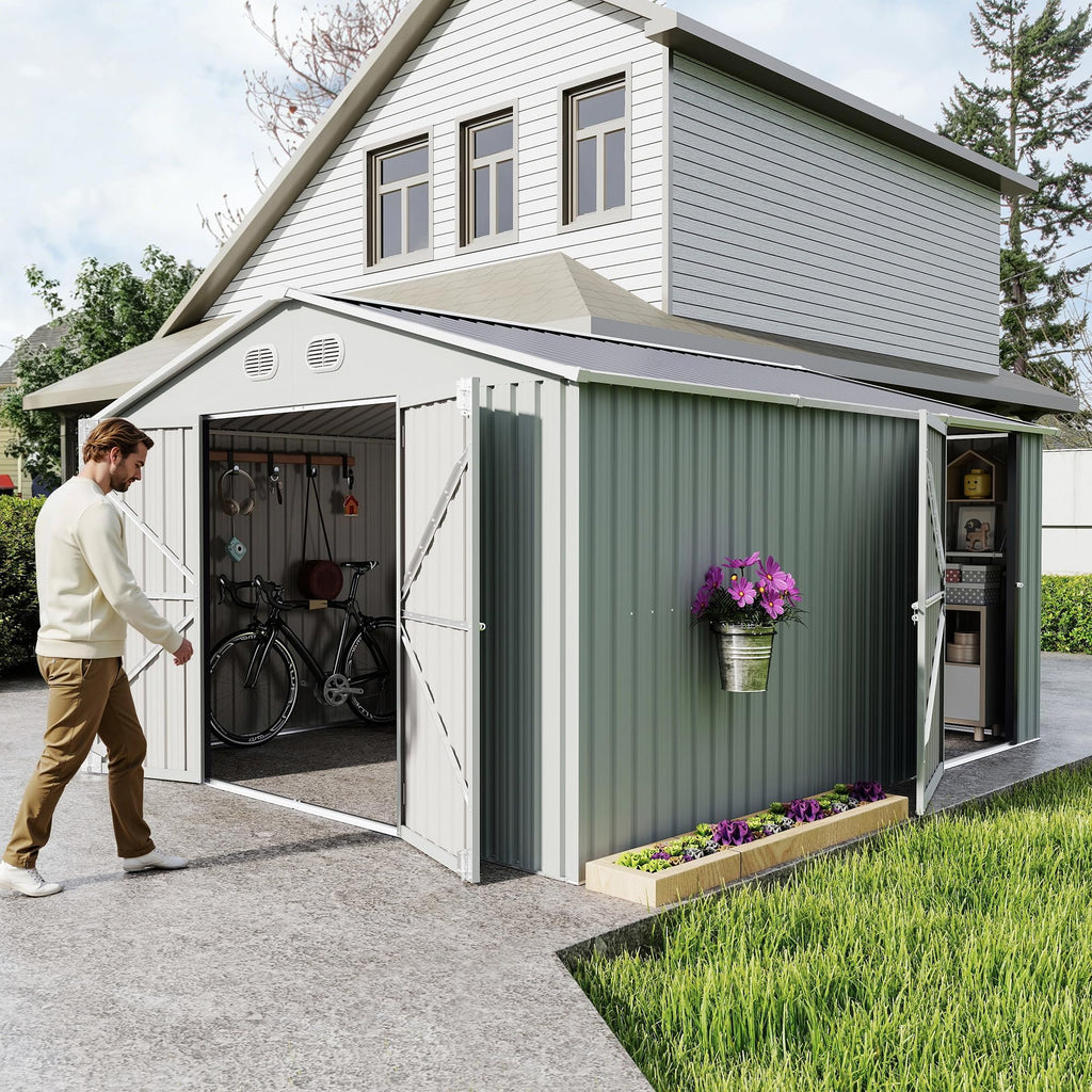 10x12 FT White Metal Storage Shed with Lockable Doors N609