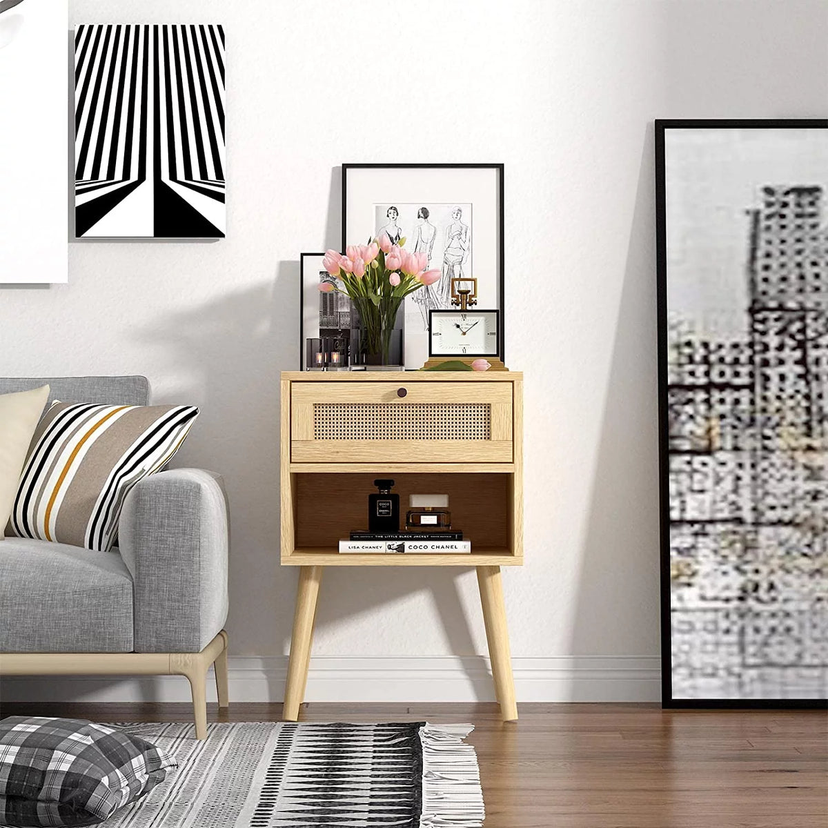 Rattan End Table with 1 Drawer and Open Storage Shelf D644