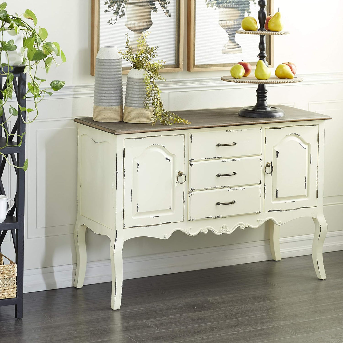 Beige & Brown Wood Cabinet with 3 Drawers & 2 Cabinets O63379