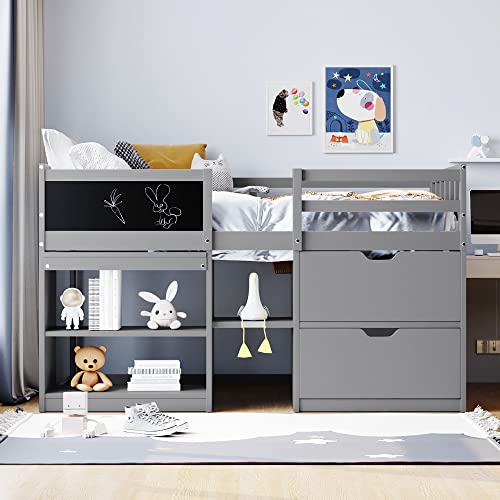 White Twin Size Wood Loft Bed with Desk and Drawers N7934