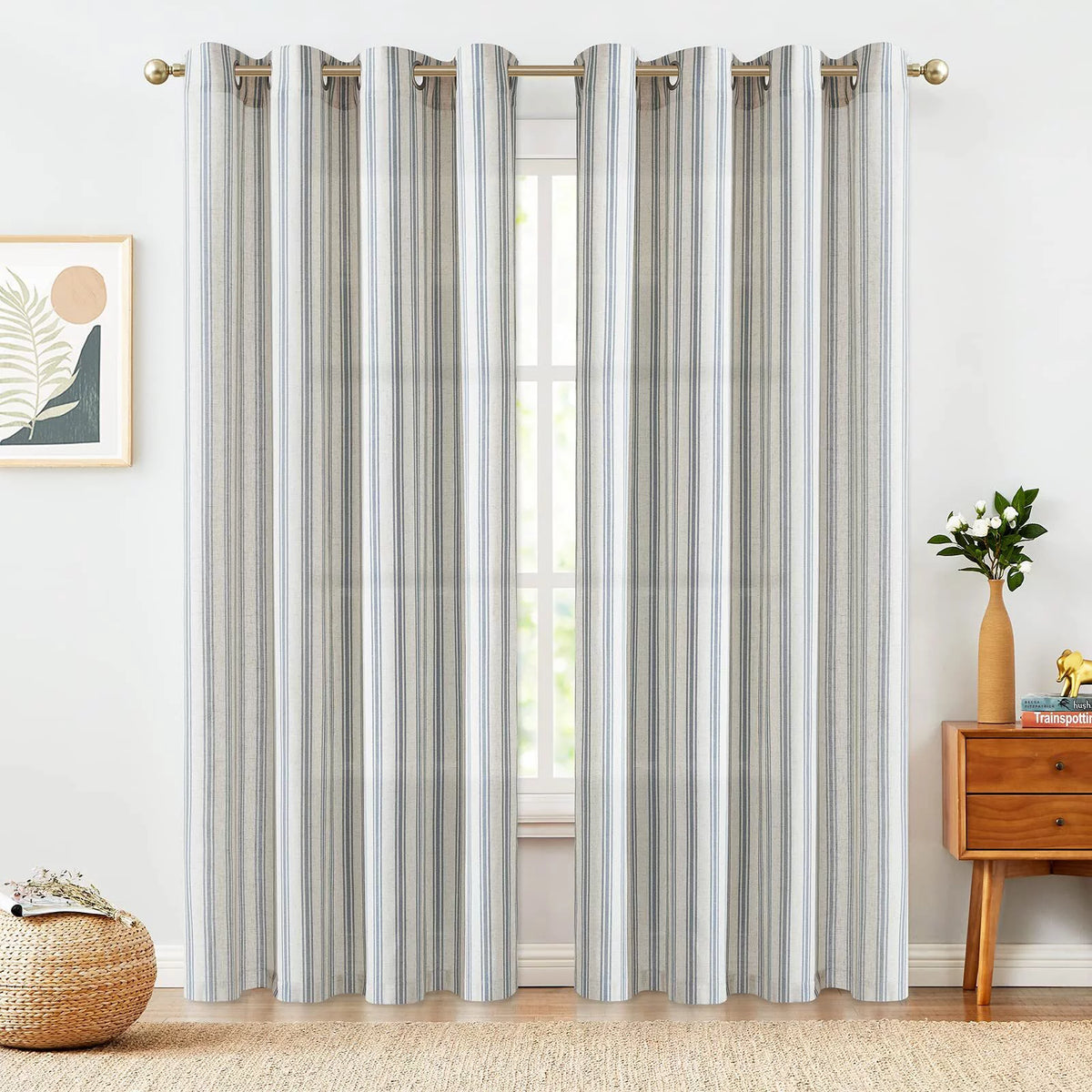Blue Striped Linen Curtains 2 Panels 50" x 84" K27066