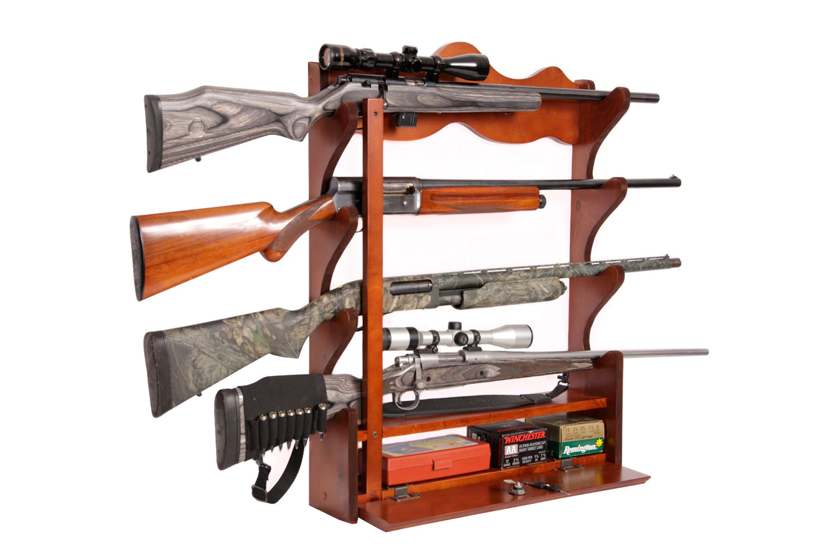 Solid Brown Pine 4 Gun Wall Rack with Locking Compartment M30595