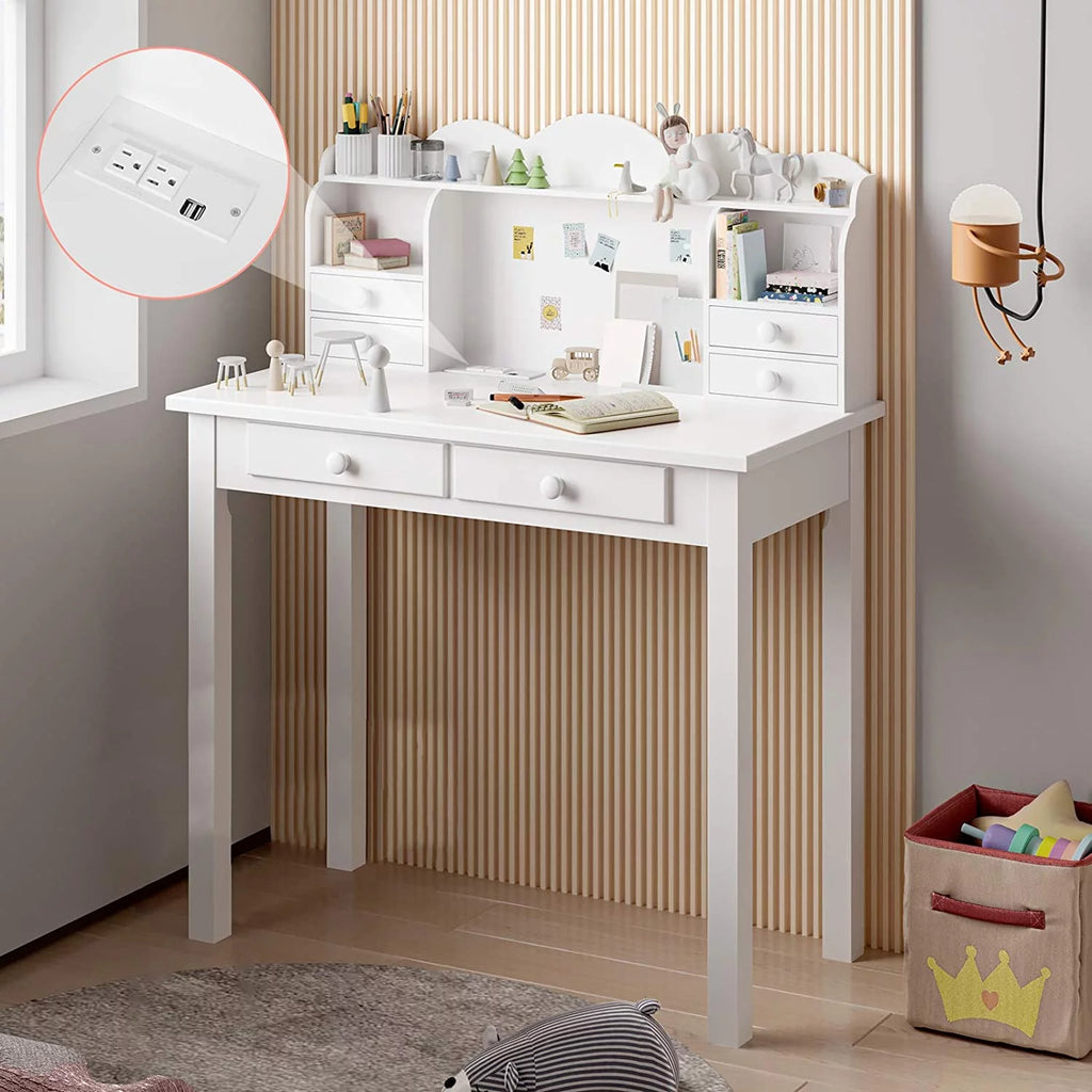 31.5" White Writing Desk with Hutch and USB Ports J306727