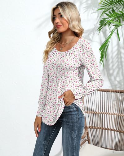 Puff Long Sleeve Tunic Tops Pleated Crew Neck Blouses G765