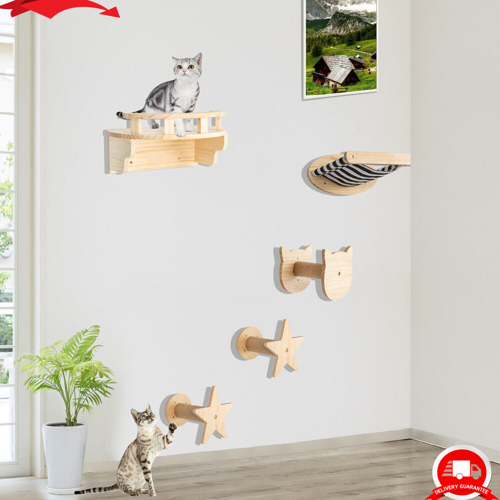 5PCS Cat Climbing Frame Wall Mounted Cat Scratching Post Wooded Jumping Platform I853209