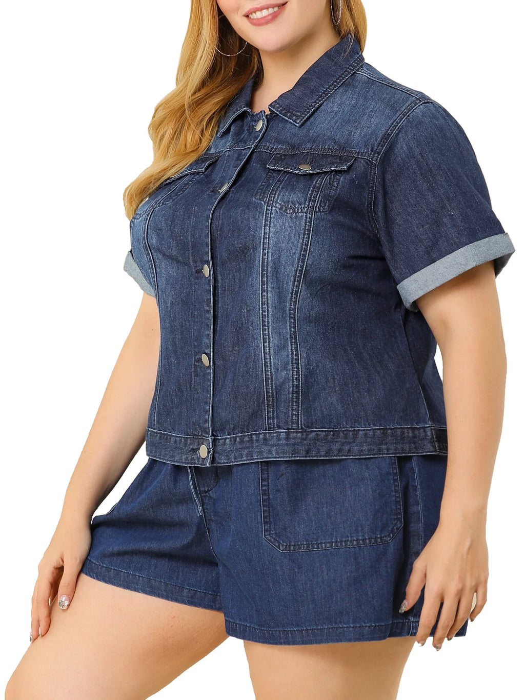 Juniors Plus Size Button Down Crop Denim Jacket Z97952