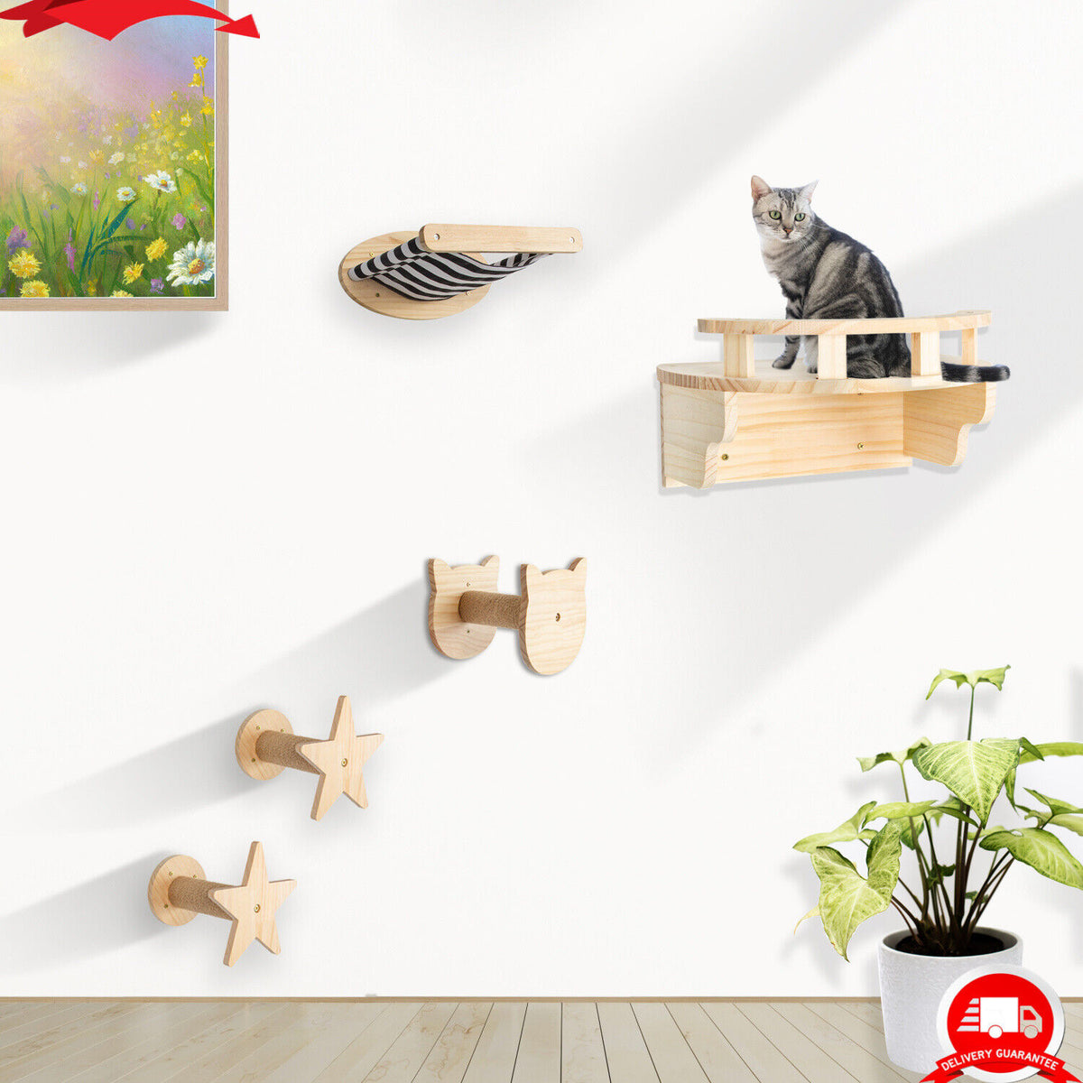 5PCS Cat Climbing Frame Wall Mounted Cat Scratching Post Wooded Jumping Platform I853209