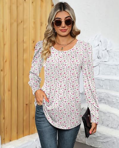 Puff Long Sleeve Tunic Tops Pleated Crew Neck Blouses G765