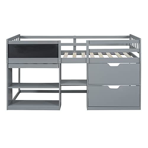 White Twin Size Wood Loft Bed with Desk and Drawers N7934