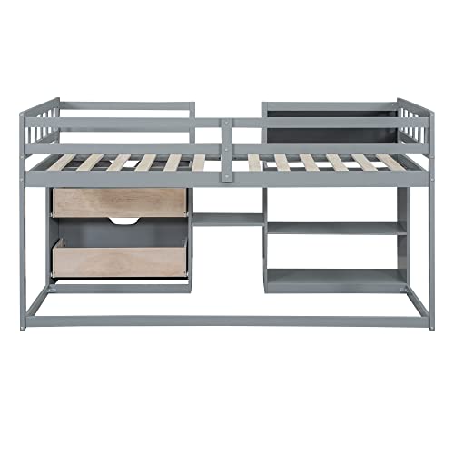 White Twin Size Wood Loft Bed with Desk and Drawers N7934