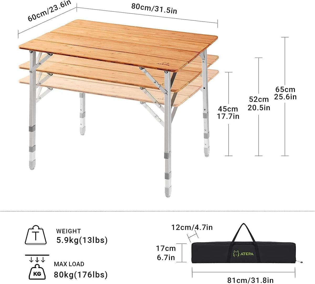 Bamboo Folding Camping Table with Carry Bag J51515