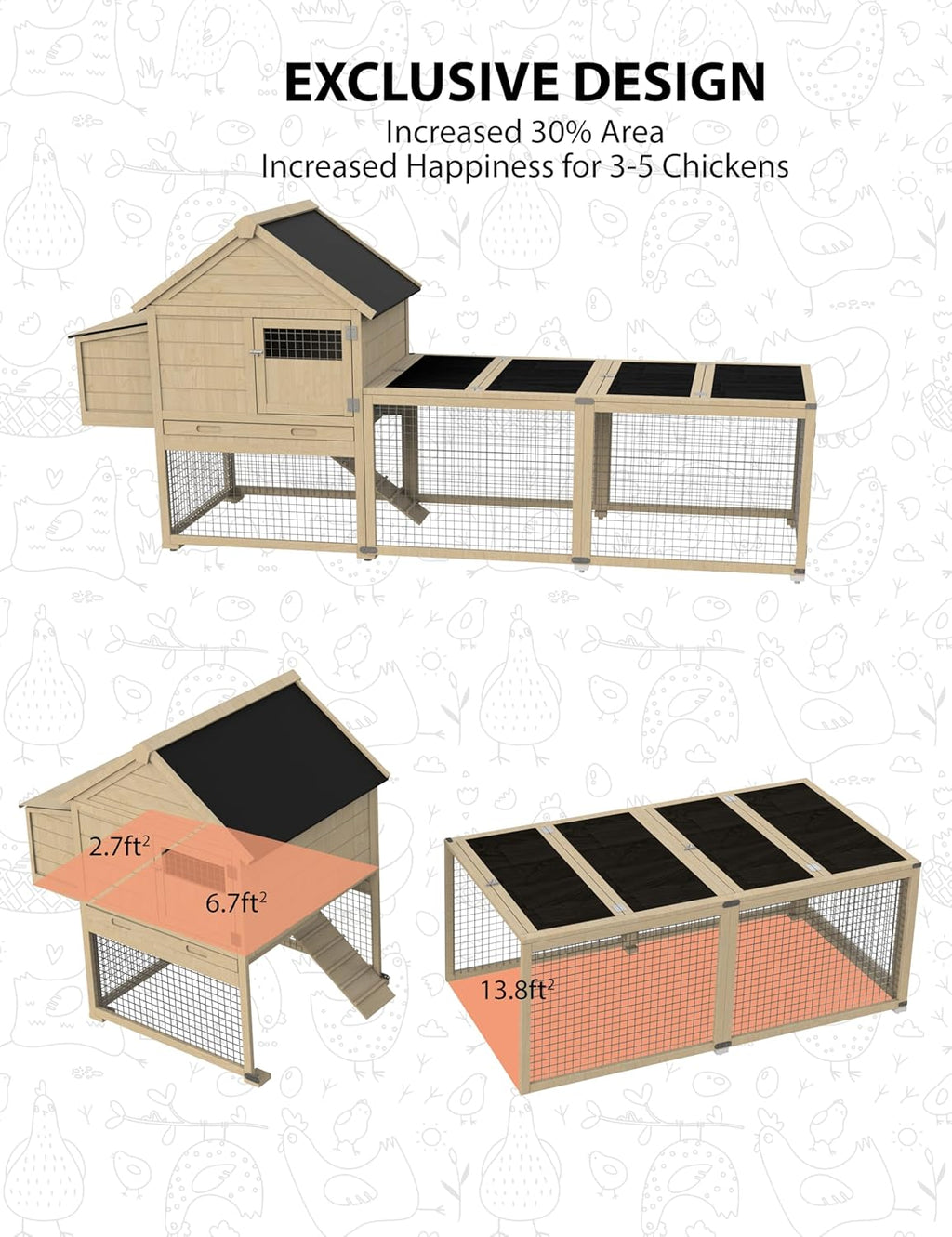 Wooden Chicken Coop with Run and Waterproof Roof Q485