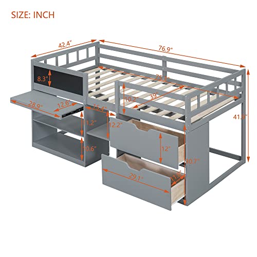 White Twin Size Wood Loft Bed with Desk and Drawers N7934