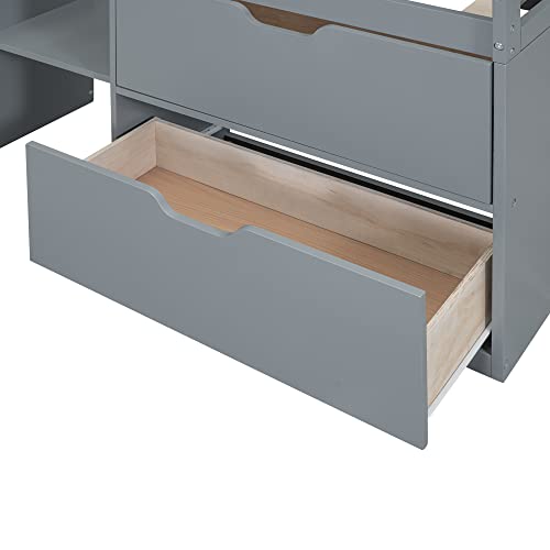 White Twin Size Wood Loft Bed with Desk and Drawers N7934