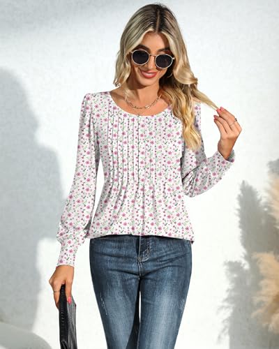 Puff Long Sleeve Tunic Tops Pleated Crew Neck Blouses G765