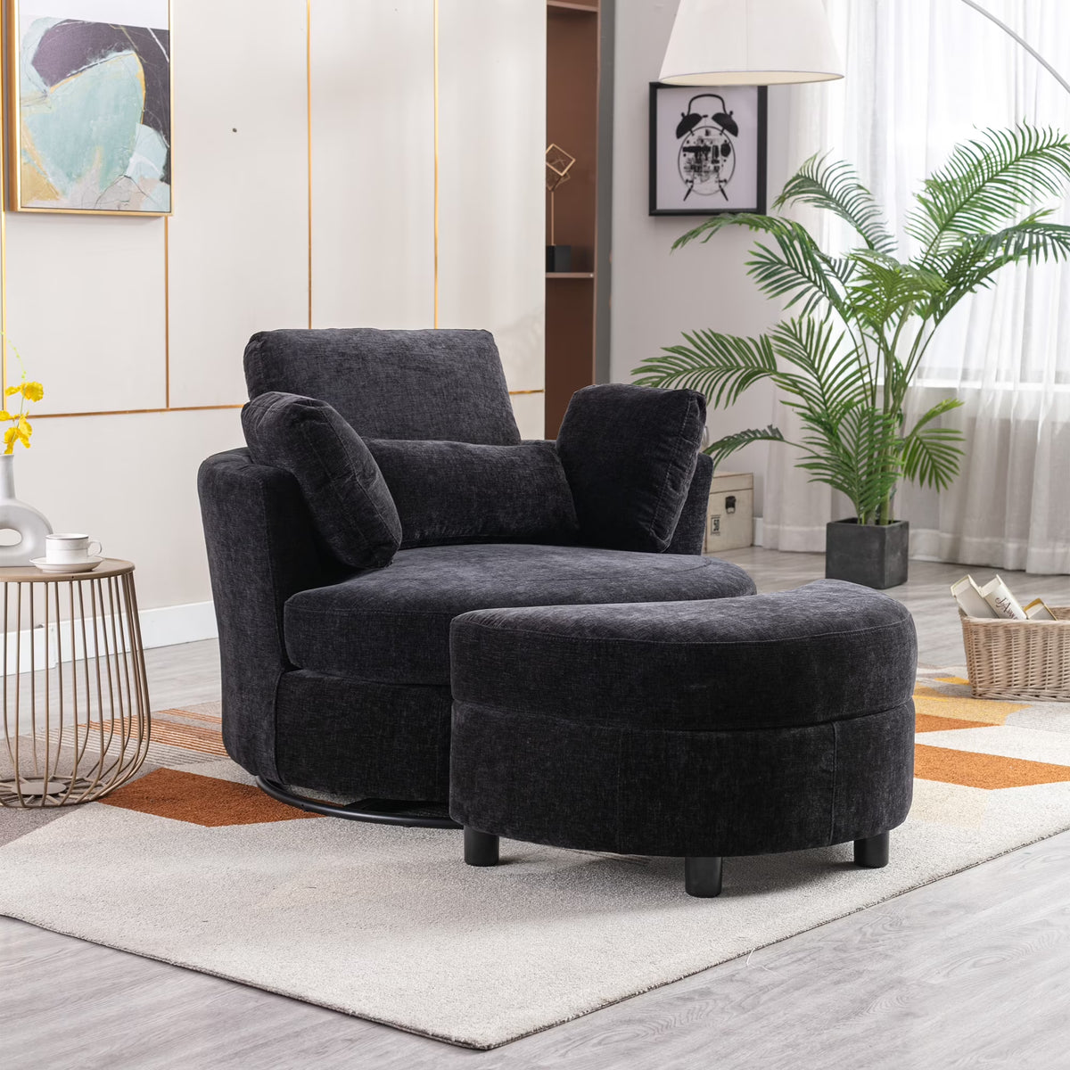 Black Combo Swivel Accent Barrel Chair with Chenille Upholstered Storage Bench Ottoman F497961