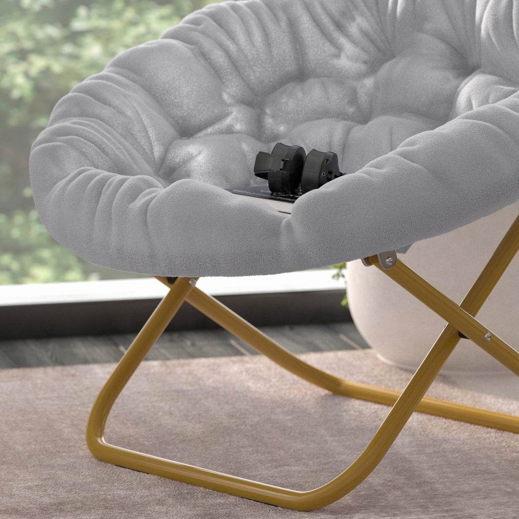 Oversize Folding Saucer Chair with Faux Fur Upholstery in Gray with Metal Frame X9337