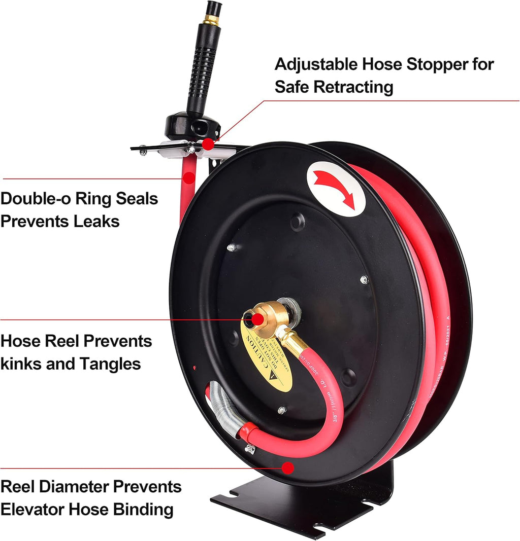 Heavy-Duty Steel Air Hose Reel with 3/8' x 25ft Retractable Rubber Hose, Black Pack of 2 F868
