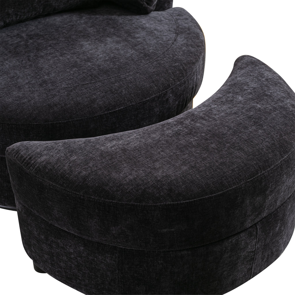 Black Combo Swivel Accent Barrel Chair with Chenille Upholstered Storage Bench Ottoman F497961