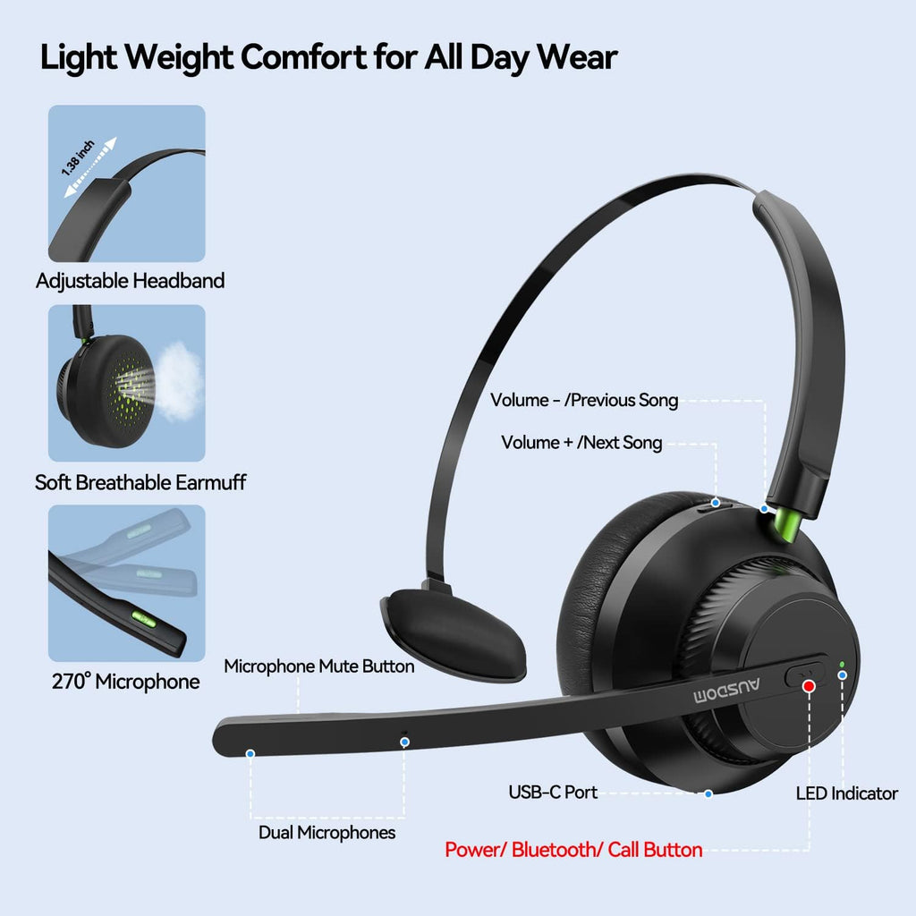 Wireless 5.1 Bluetooth Headset with Microphone, 50h Playtime, Pack of 2 A195409