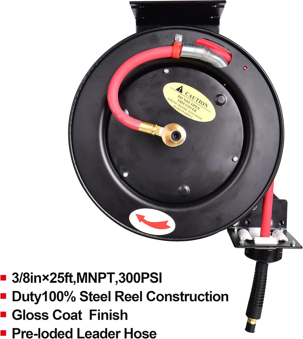Heavy-Duty Steel Air Hose Reel with 3/8' x 25ft Retractable Rubber Hose, Black Pack of 2 F868