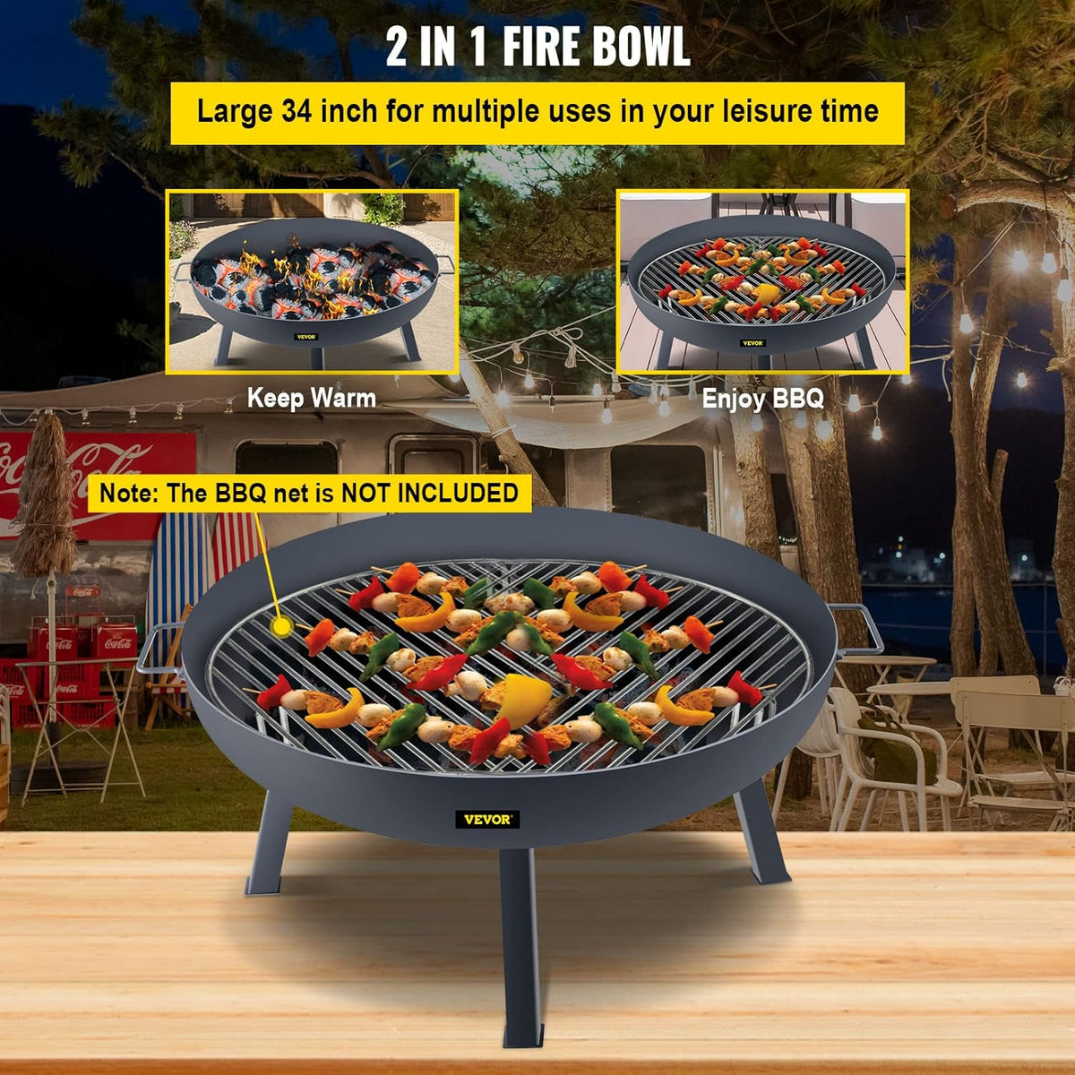 34-Inch Round Carbon Steel Fire Pit Bowl with Drain Hole and Handles M226810