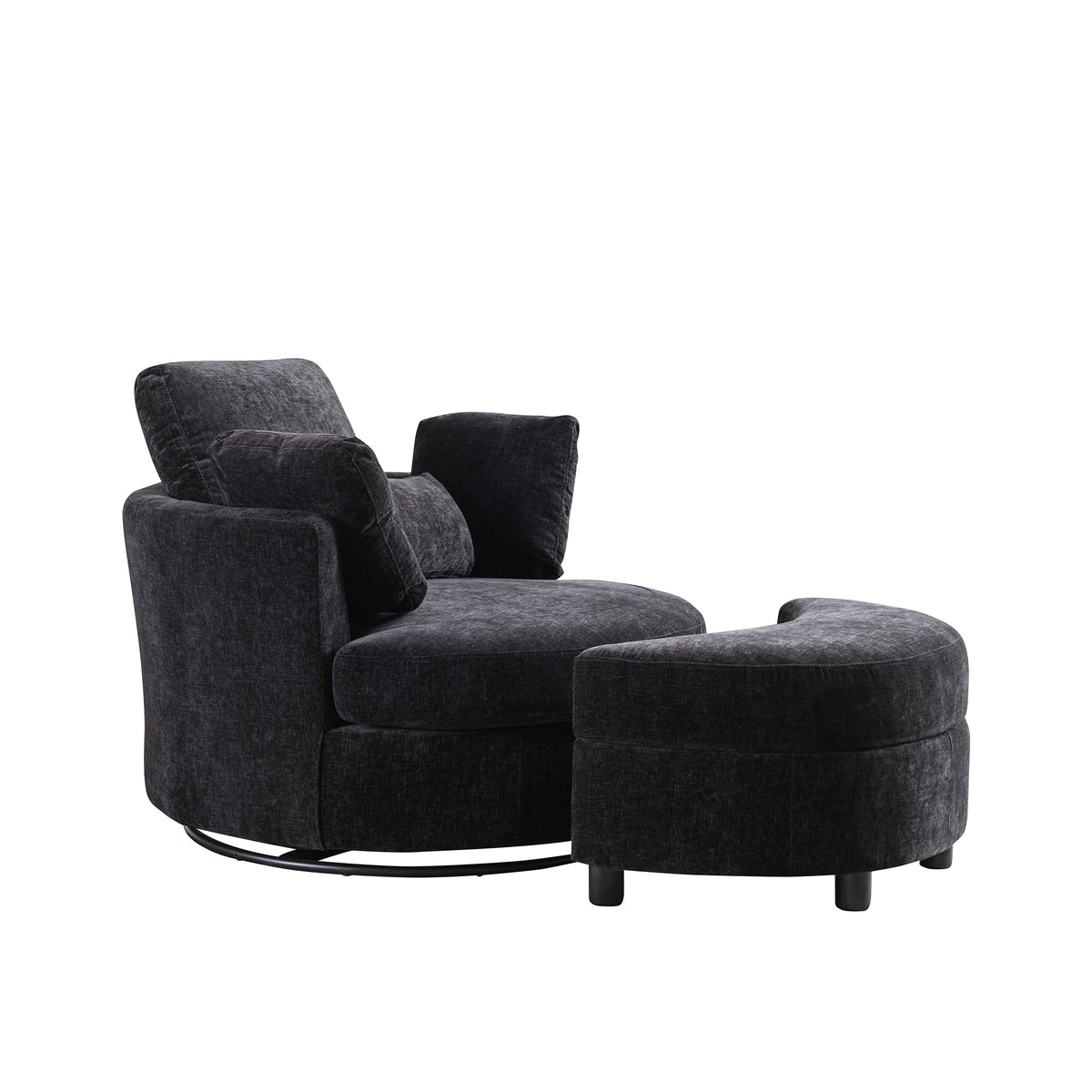 Black Combo Swivel Accent Barrel Chair with Chenille Upholstered Storage Bench Ottoman F497961