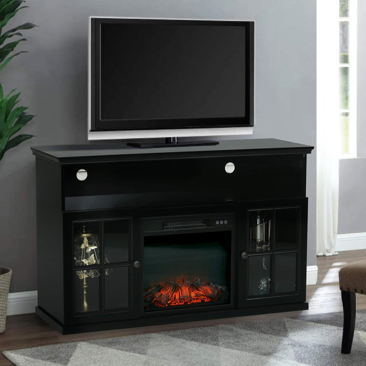 Black Fireplace TV Stand with Insert Fireplace and Adjustable Shelves C77991