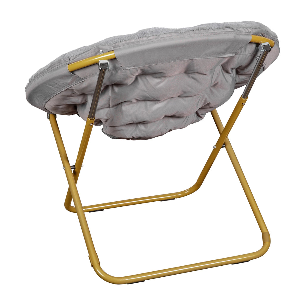 Oversize Folding Saucer Chair with Faux Fur Upholstery in Gray with Metal Frame X9337