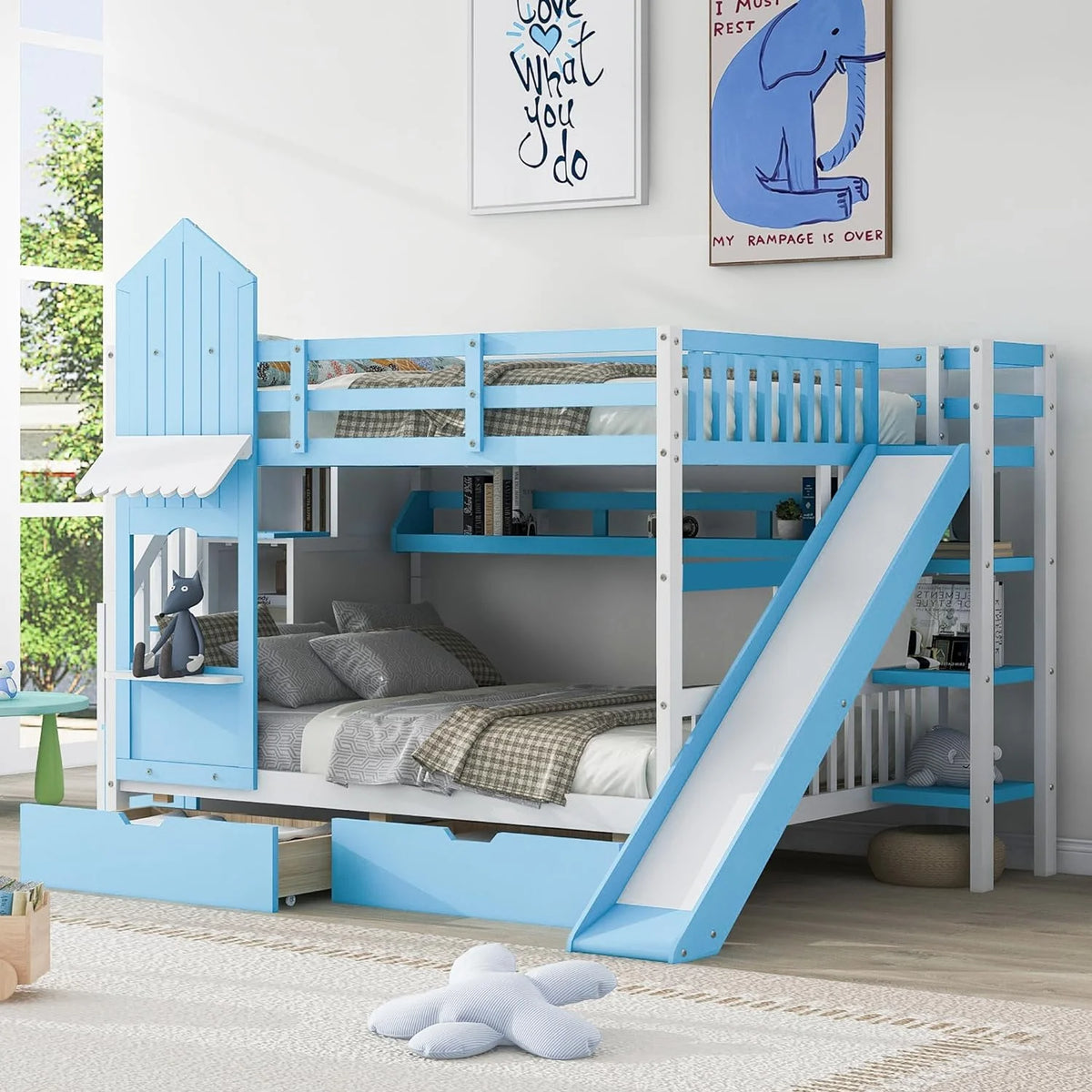 Full Over Full Wooden Bunk Bed with Slide Storage Drawers Shelves Blue Z511389