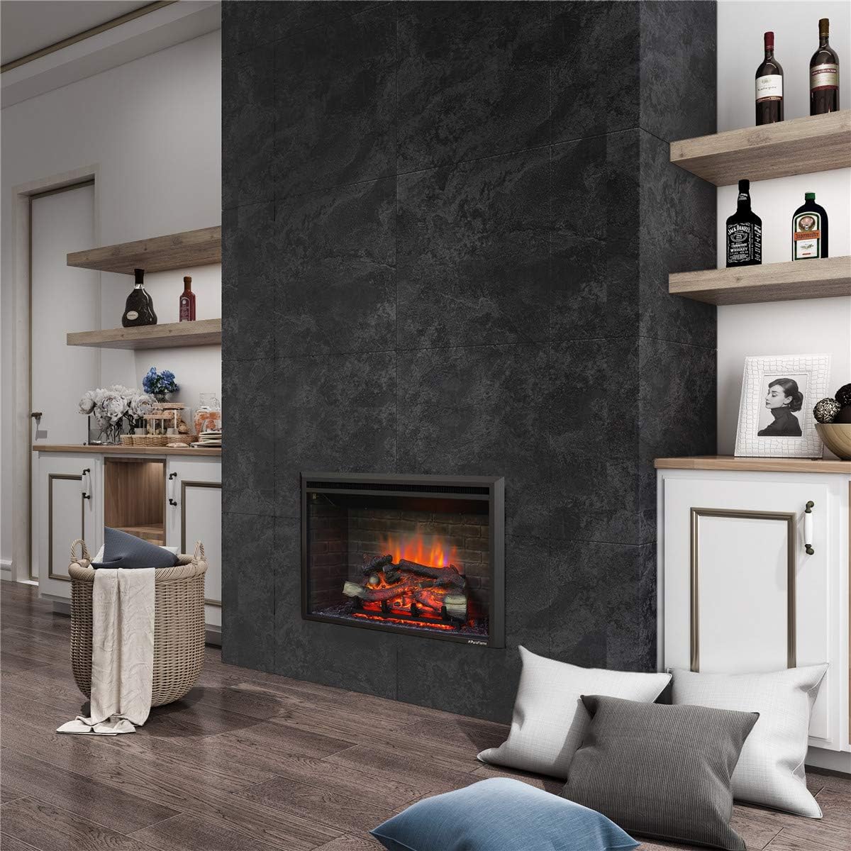 Black Electric Fireplace Insert with Remote Control, 750/1500W I99319
