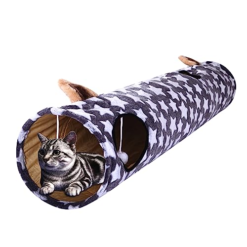 Large Cat Tunnel Bed with Toy Balls and Cushion, Gray Star Pattern O38364