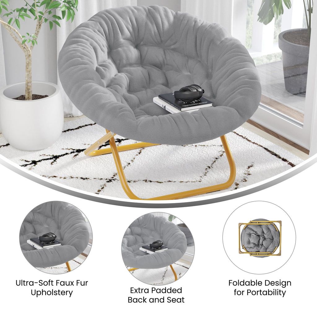 Oversize Folding Saucer Chair with Faux Fur Upholstery in Gray with Metal Frame X9337