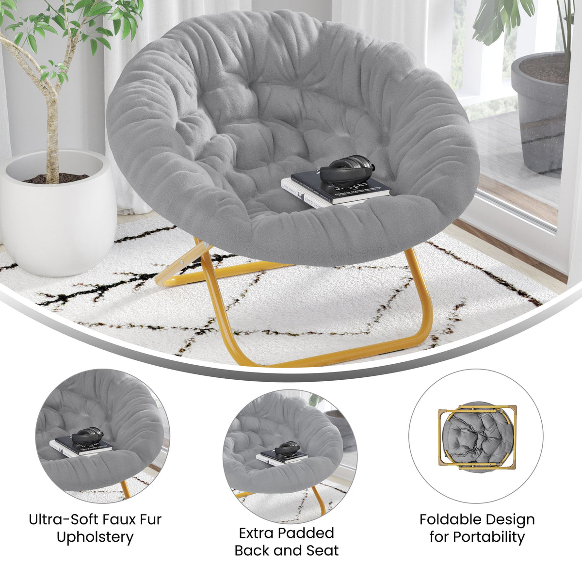 Oversize Folding Saucer Chair with Faux Fur Upholstery in Gray with Metal Frame X9337