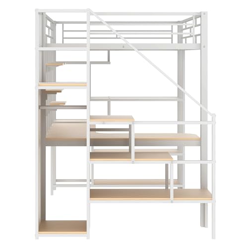 Full Size Black Metal Loft Bed with Desk, Wardrobe and Storage Stairs G45431