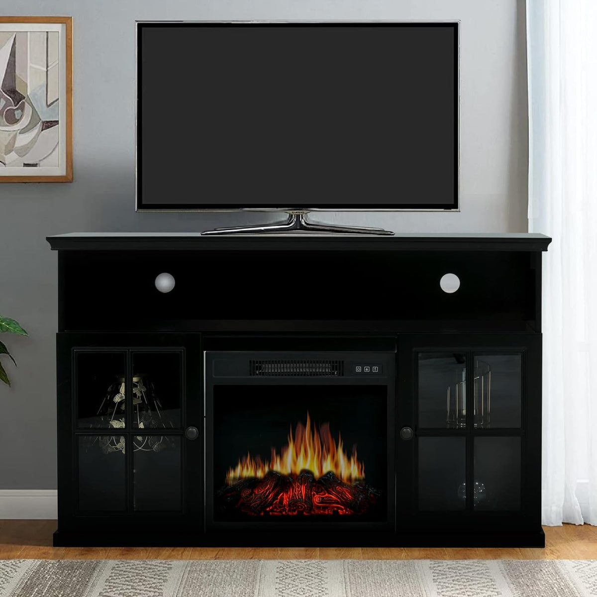 Black Fireplace TV Stand with Insert Fireplace and Adjustable Shelves C77991