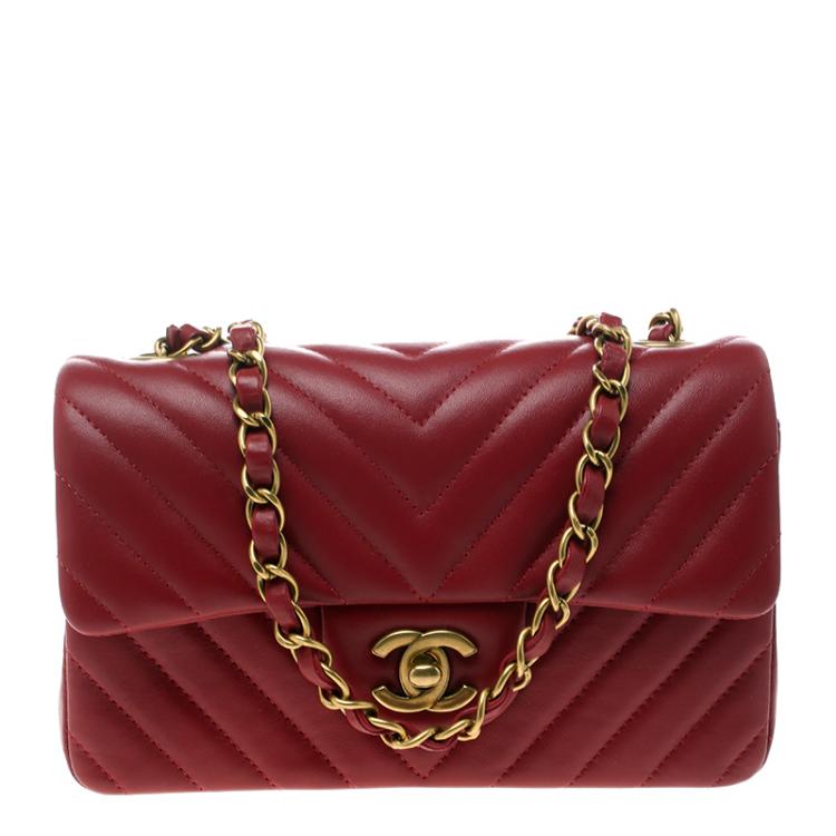 Dark Red Chevron Leather Mini Classic Flap Bag H83566