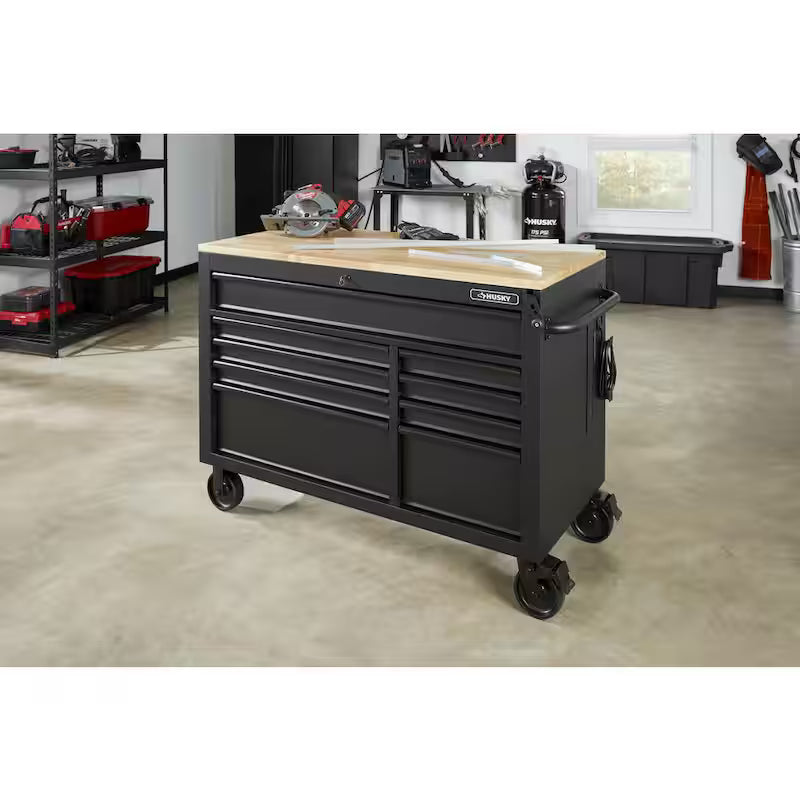 Heavy Duty 9-Drawer Mobile Workbench Cabinet with Hardwood Top in Matte Black T698