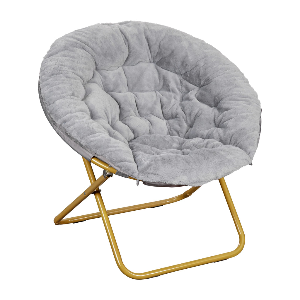 Oversize Folding Saucer Chair with Faux Fur Upholstery in Gray with Metal Frame X9337