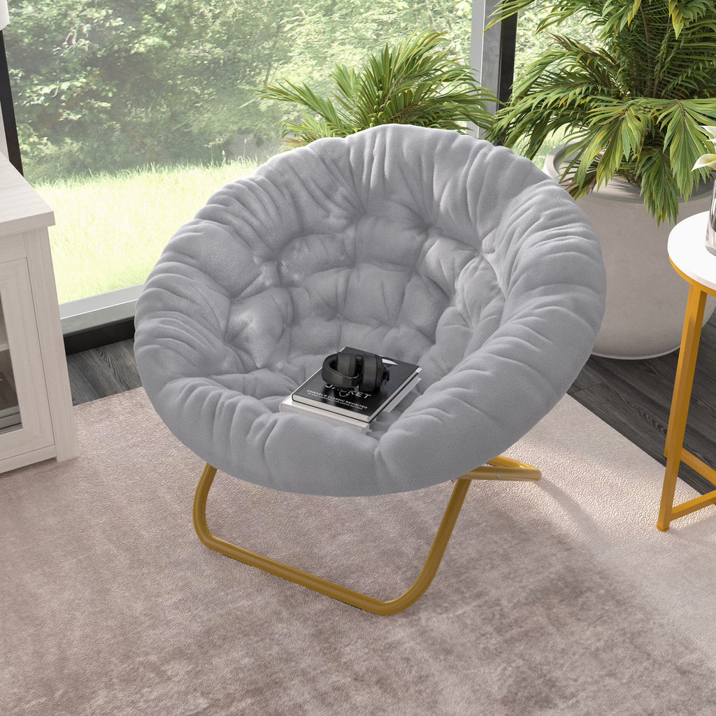 Oversize Folding Saucer Chair with Faux Fur Upholstery in Gray with Metal Frame X9337