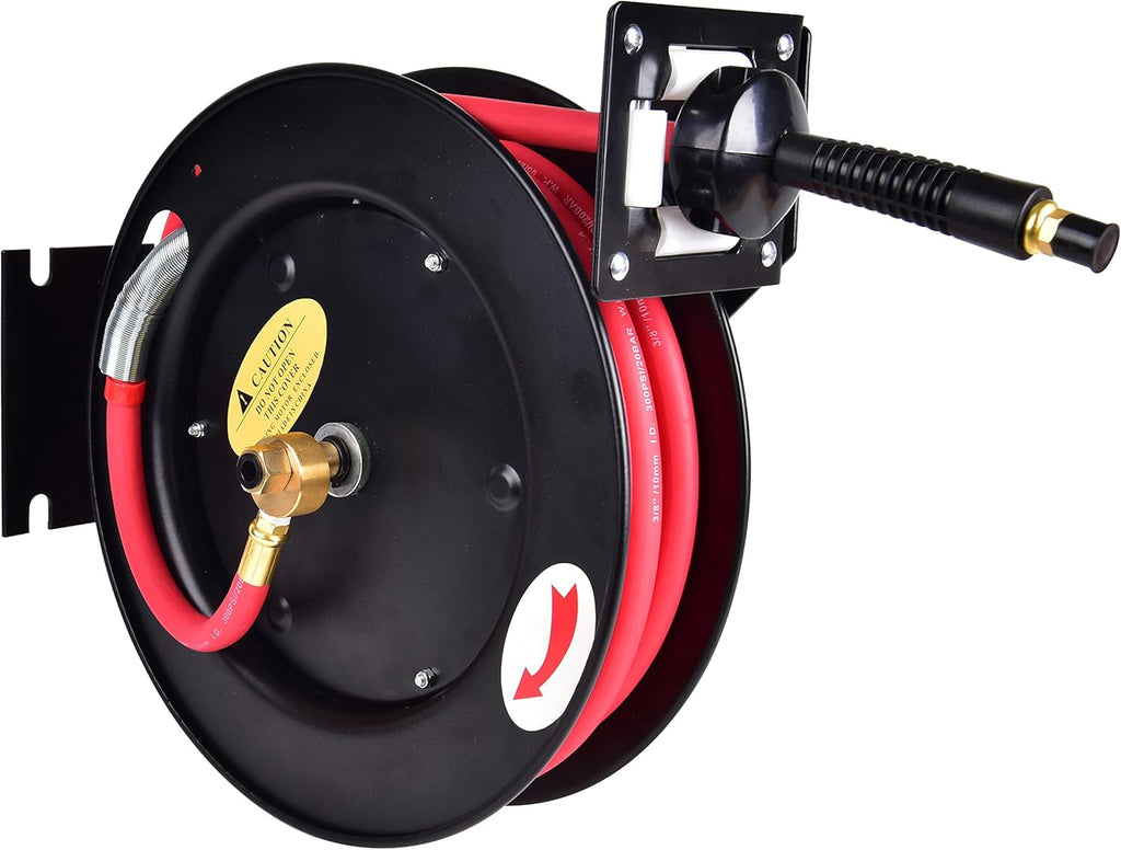 Heavy-Duty Steel Air Hose Reel with 3/8' x 25ft Retractable Rubber Hose, Black Pack of 2 F868