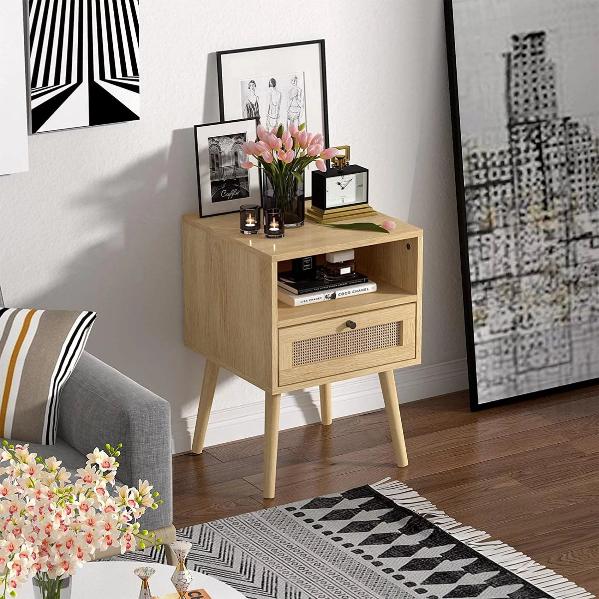 Rattan End Table with 1 Drawer and Open Storage Shelf D644