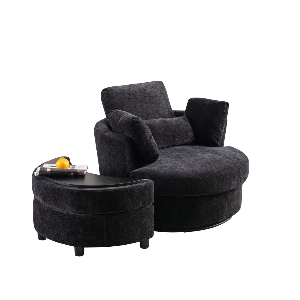 Black Combo Swivel Accent Barrel Chair with Chenille Upholstered Storage Bench Ottoman F497961
