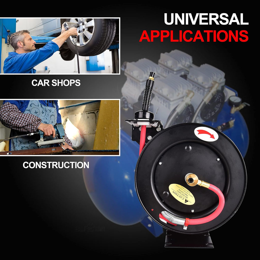 Heavy-Duty Steel Air Hose Reel with 3/8' x 25ft Retractable Rubber Hose, Black Pack of 2 F868