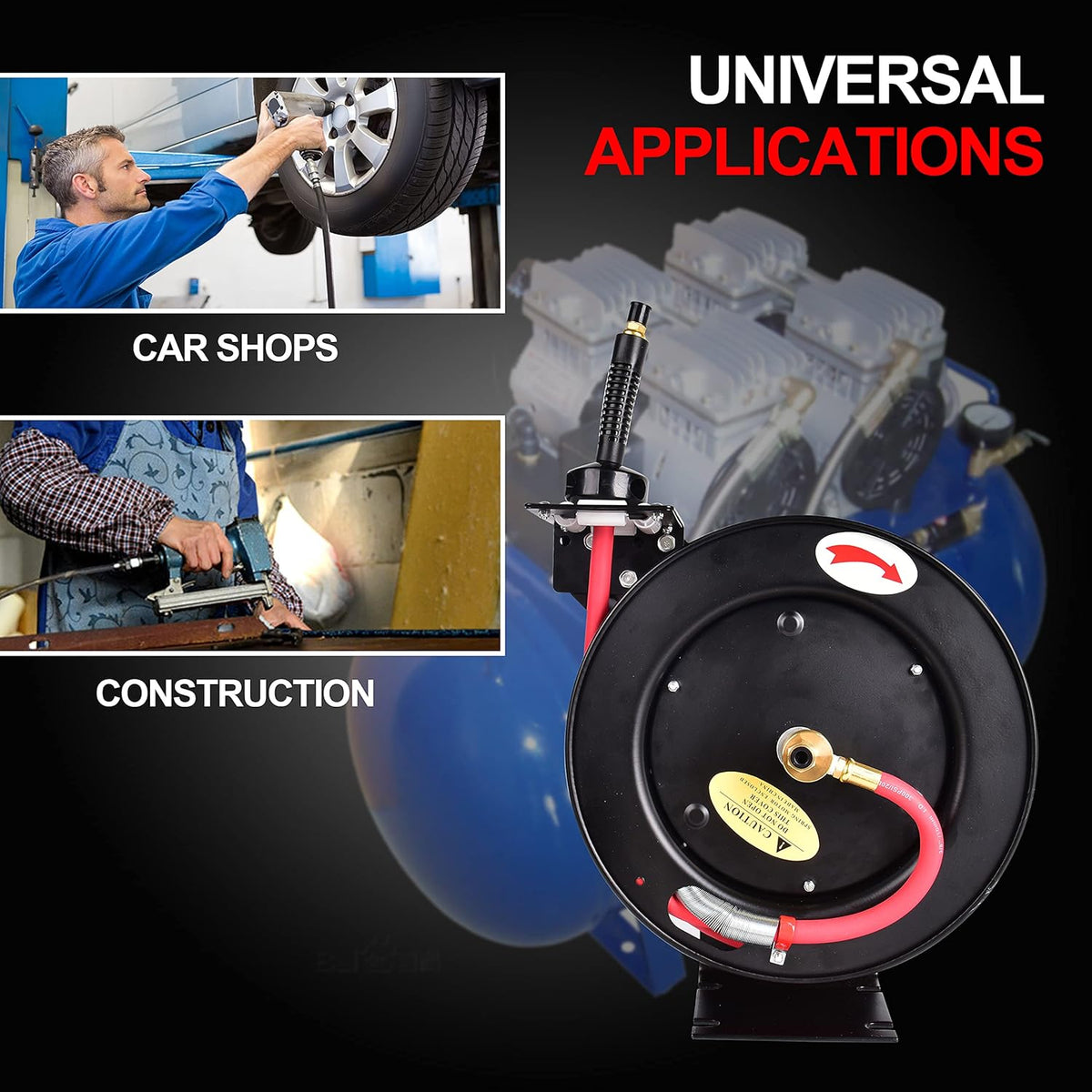 Heavy-Duty Steel Air Hose Reel with 3/8' x 25ft Retractable Rubber Hose, Black Pack of 2 F868