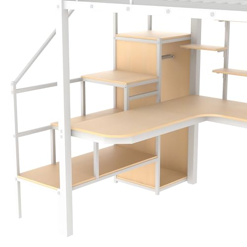 Full Size Black Metal Loft Bed with Desk, Wardrobe and Storage Stairs G45431